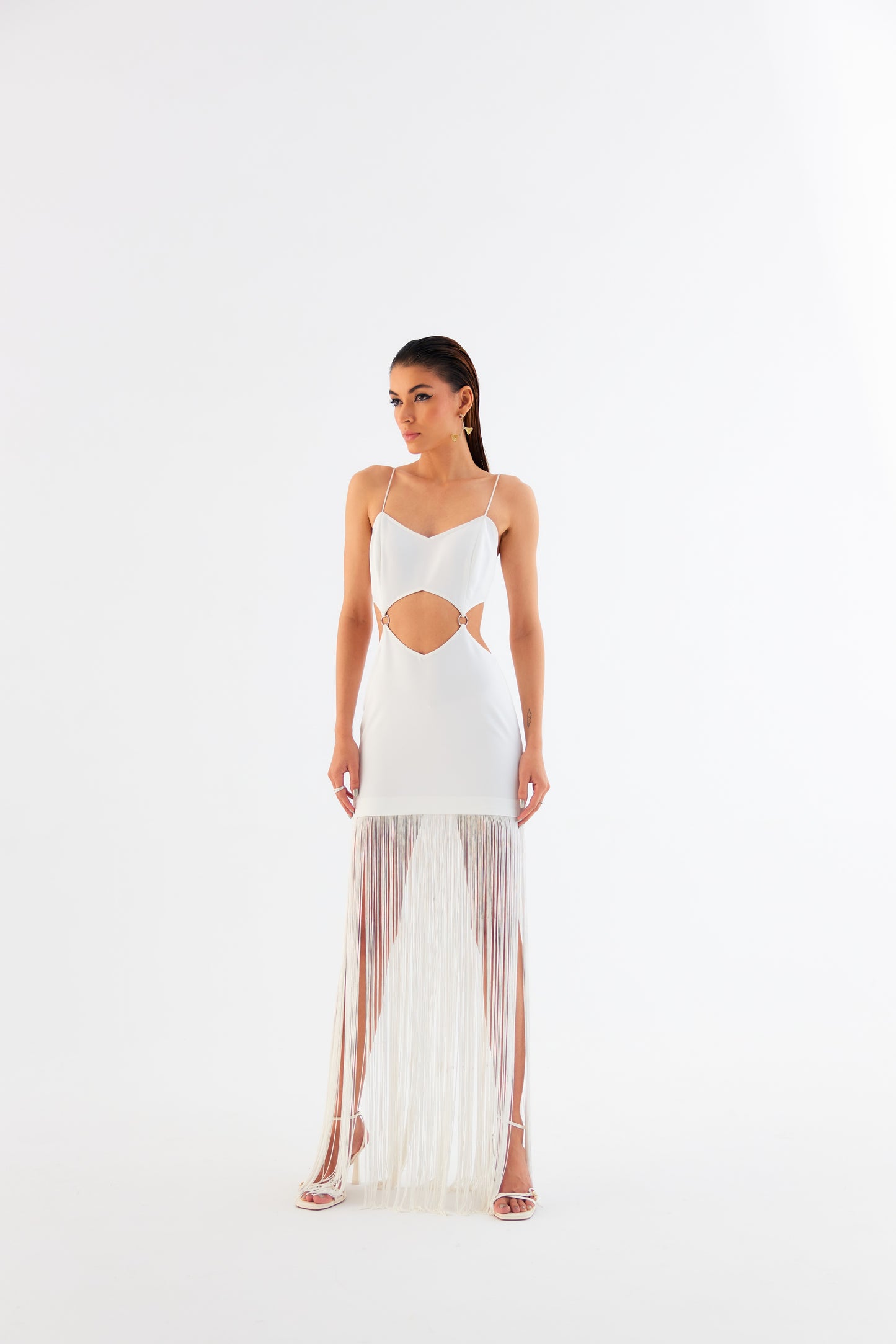 Egg Shell White Fringe Mini Dress – Spaghetti Strap with Waist Cut-Out