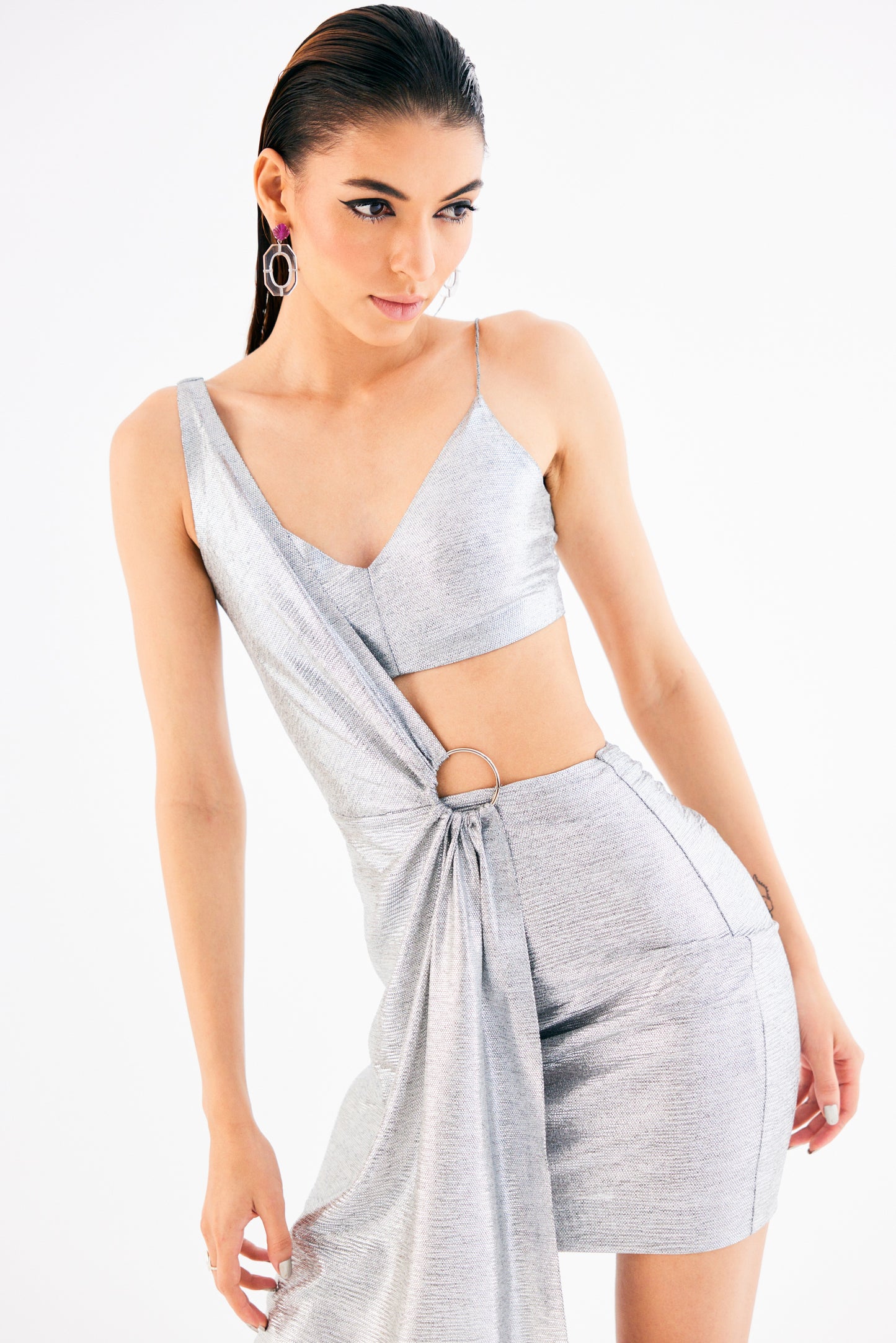 Melange Foil Silver Asymmetric Mini Dress – Waist Cut-Out with Ring