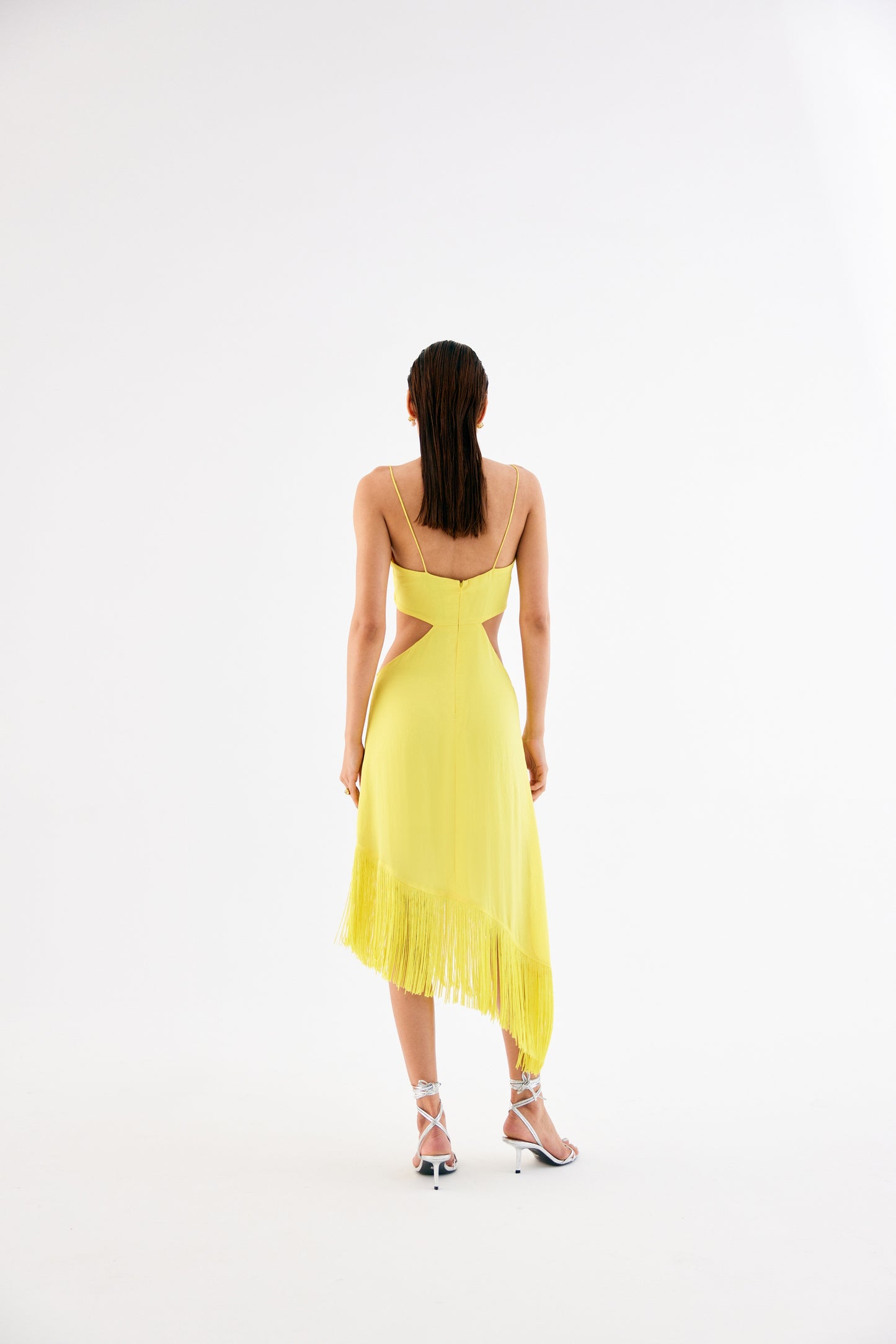 Canary Yellow Asymmetric Dress – Waist Cut-Out with Ring