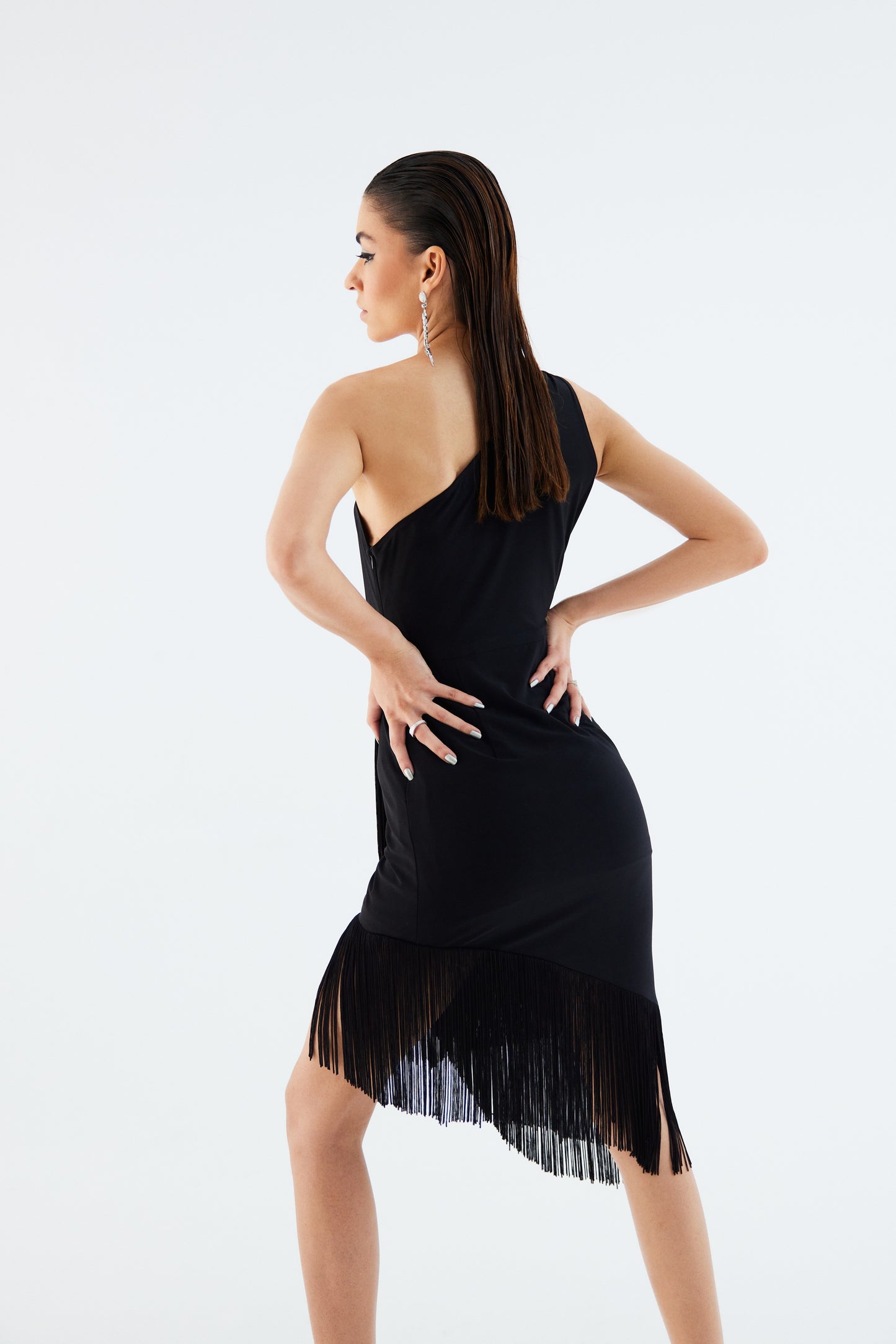 Black One-Shoulder Asymmetric Dress with Waist Cut-Out
