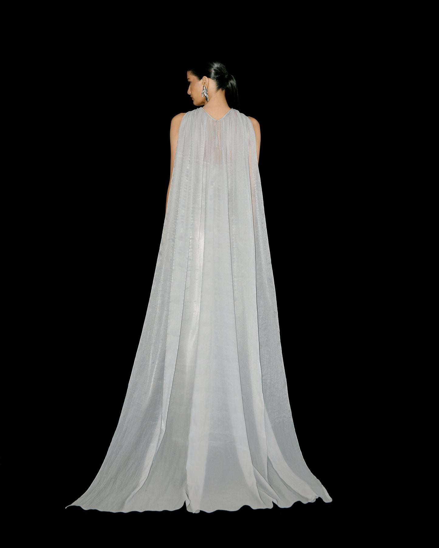 White Gold Draped Gown with High Slit and Crinkled Organza Cape