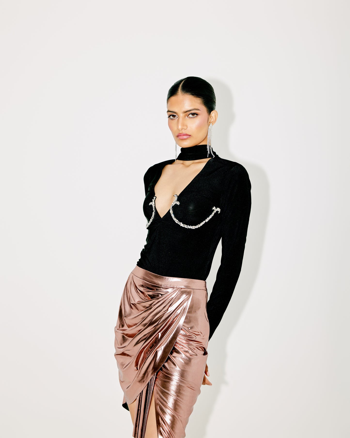 PLUNGE NECK TOP WITH DRAPED SKIRT