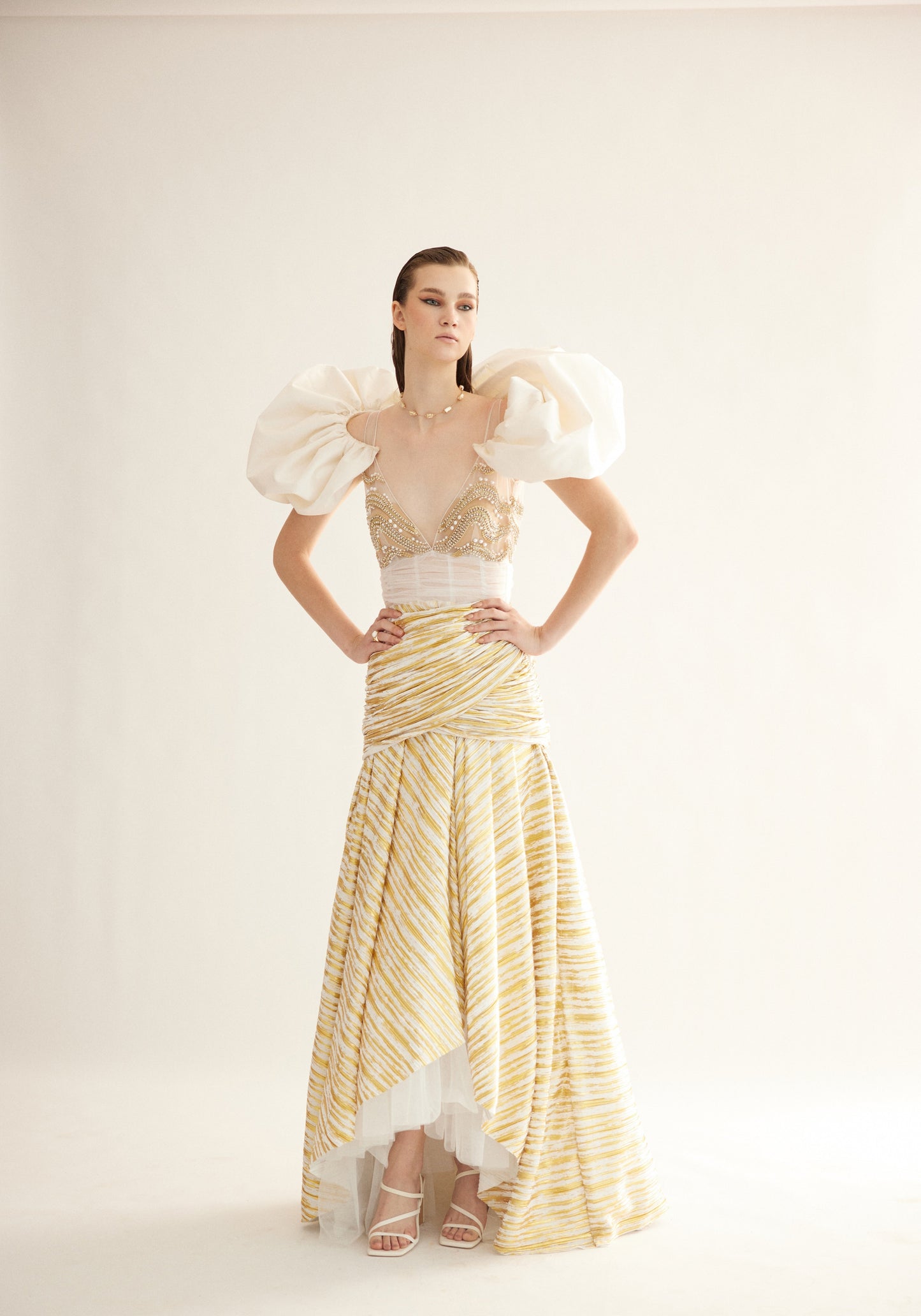 White and Gold High-Low Gown with Embroidered Bodice and Draped Shoulders