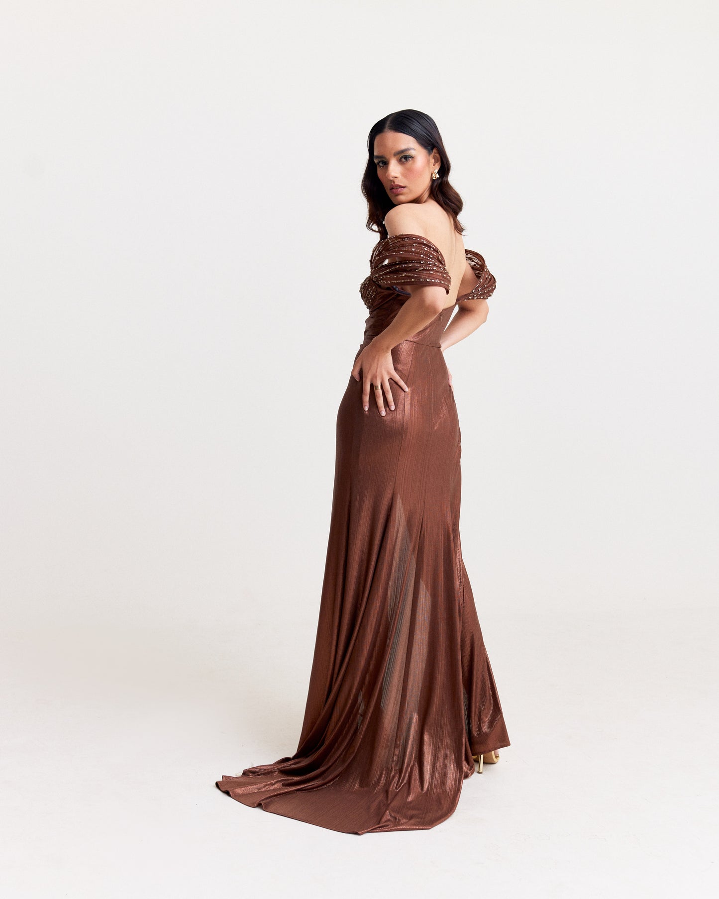 Copper Shimmer Bustier Dress with Organza Drapes