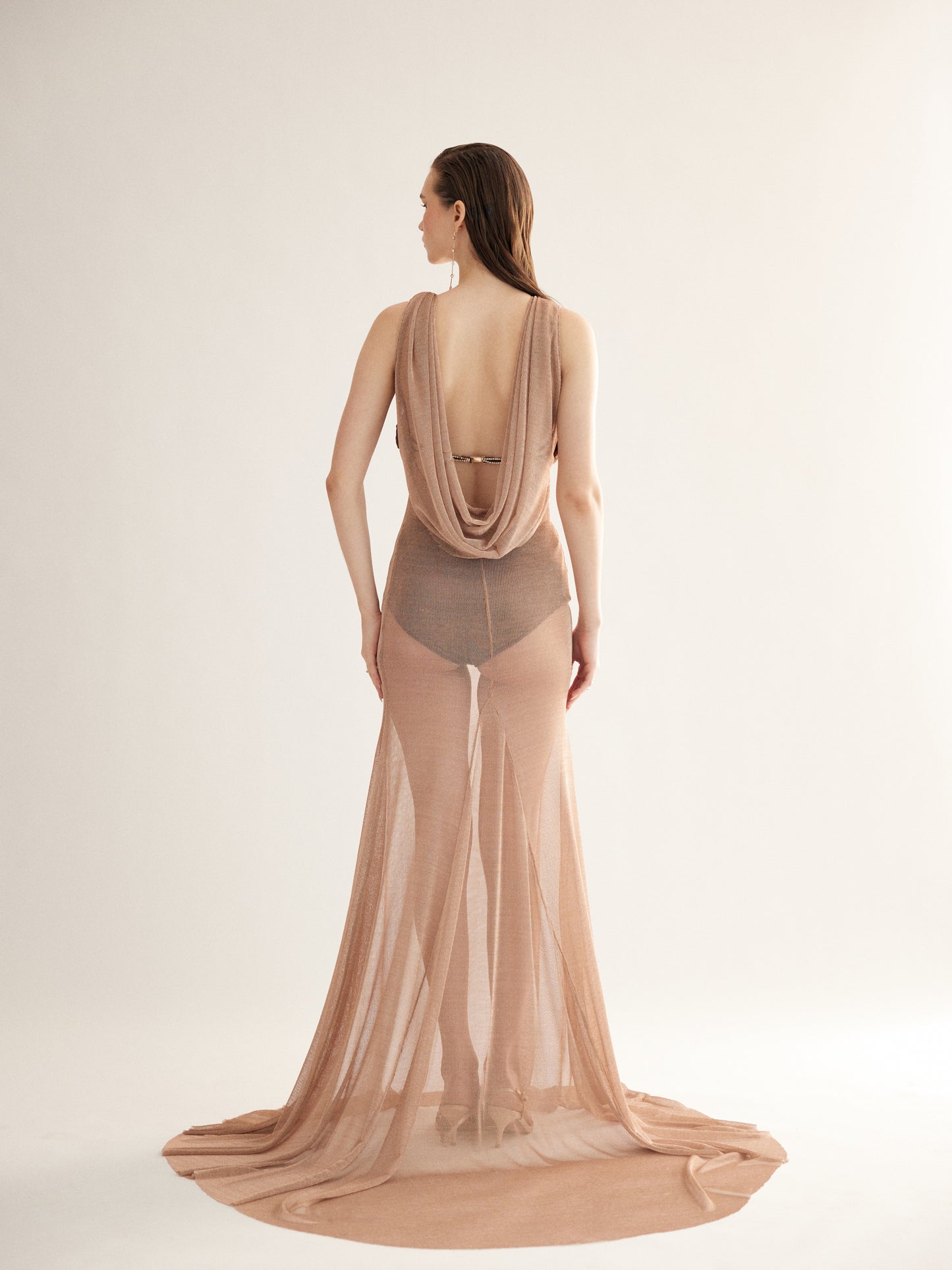 Bronze Gold Mesh Long Dress with Cowl Back – 3-Piece Set