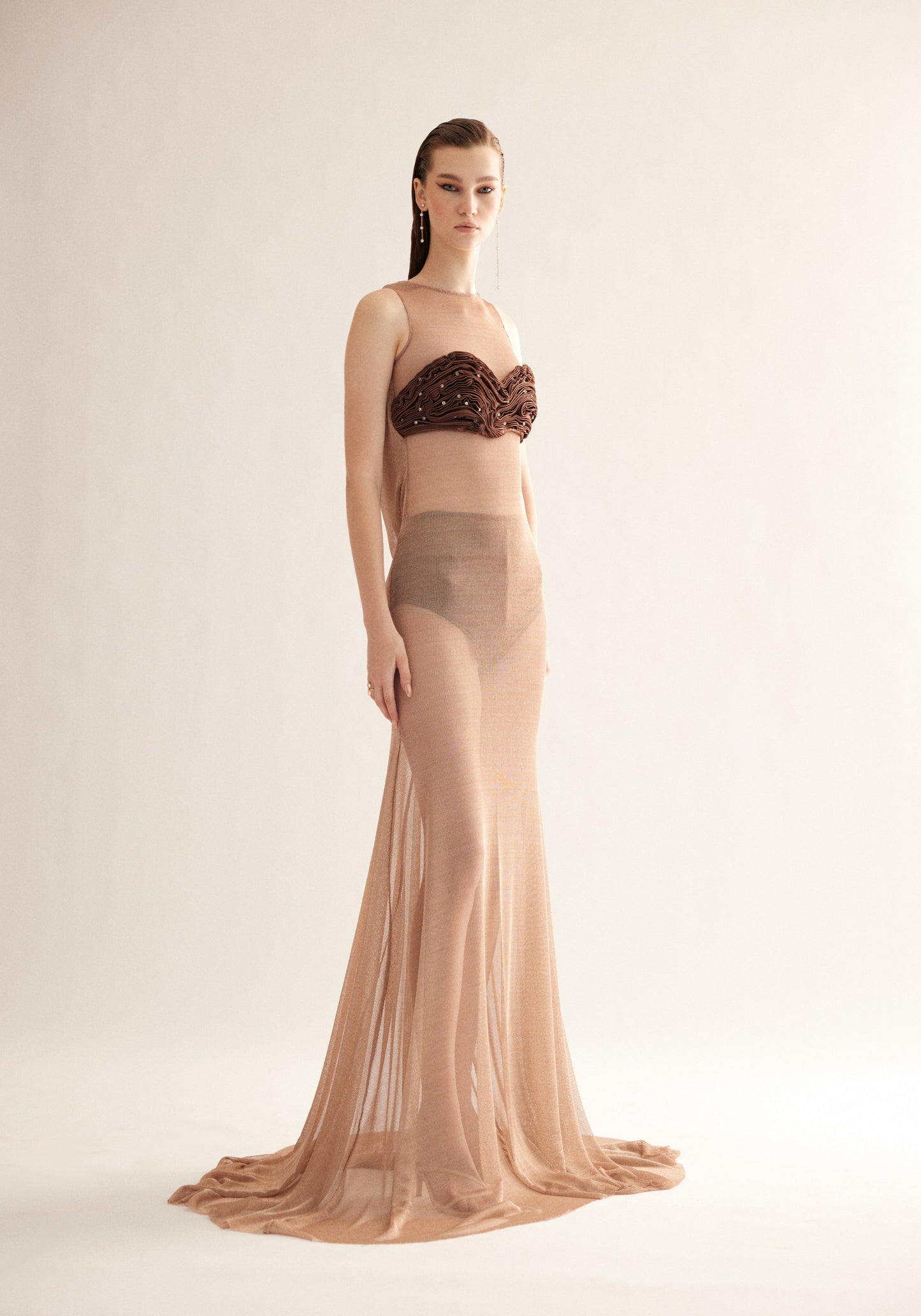 Bronze Gold Mesh Long Dress with Cowl Back – 3-Piece Set
