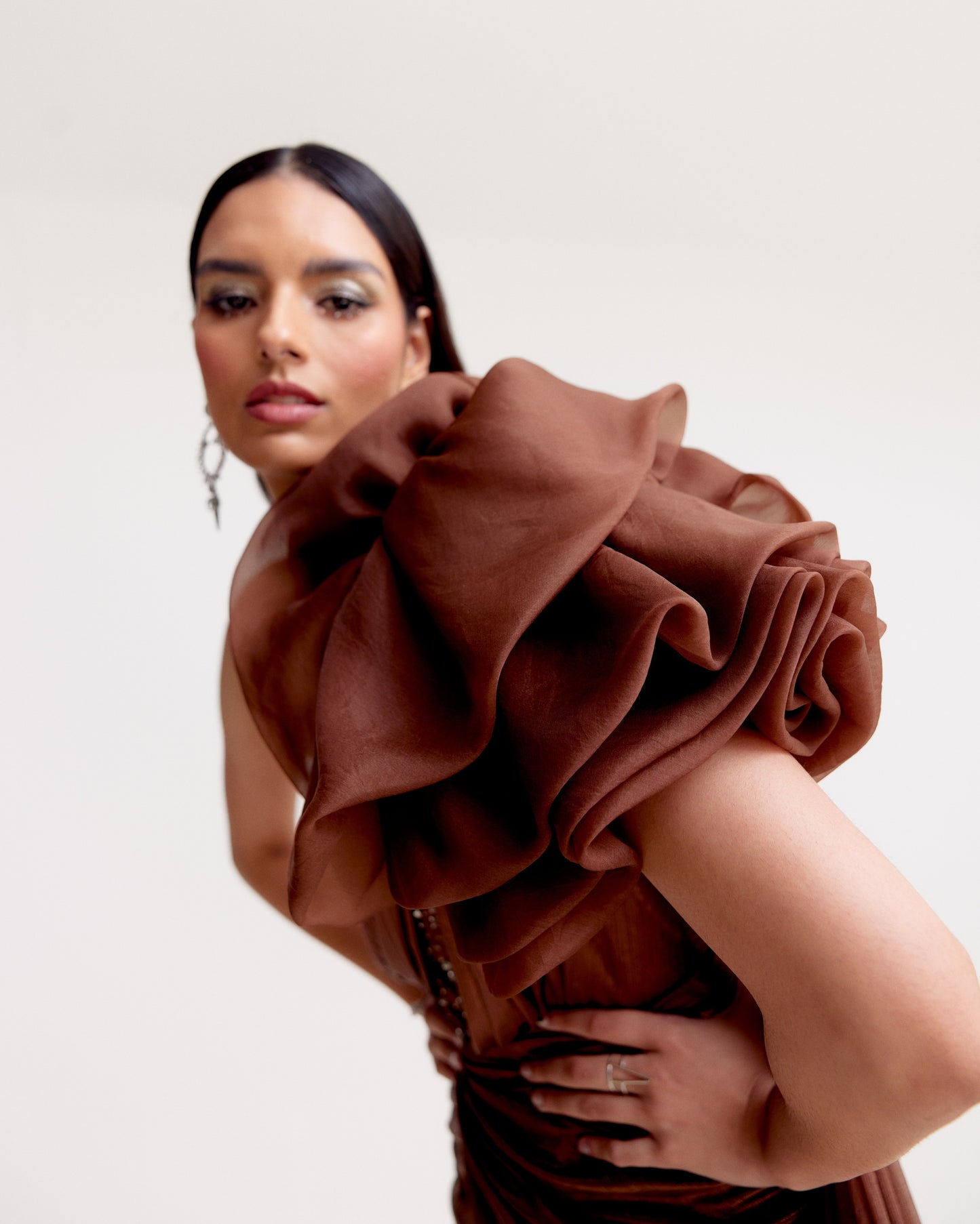 Metallic Brown Draped Short Dress with Organza Shoulder Ruffle