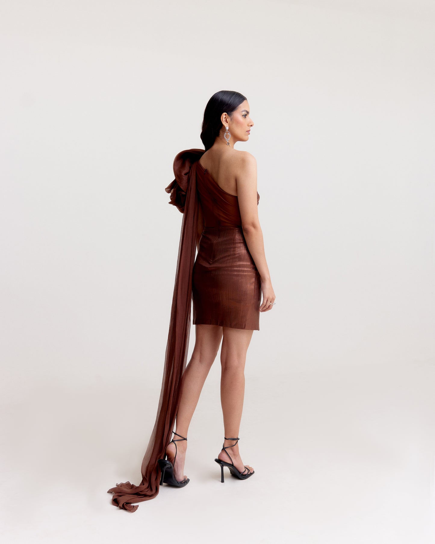 Metallic Brown Draped Short Dress with Organza Shoulder Ruffle