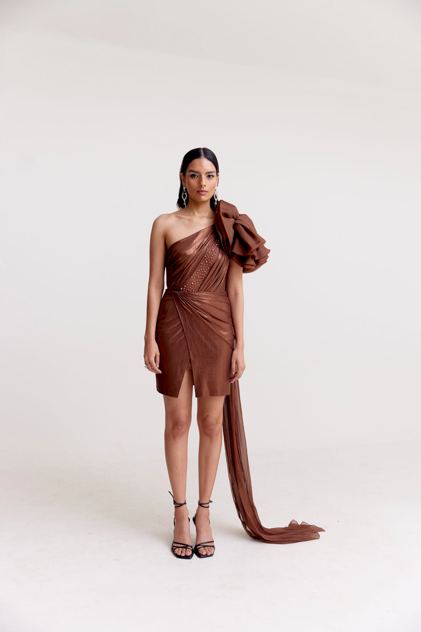 Metallic Brown Draped Short Dress with Organza Shoulder Ruffle