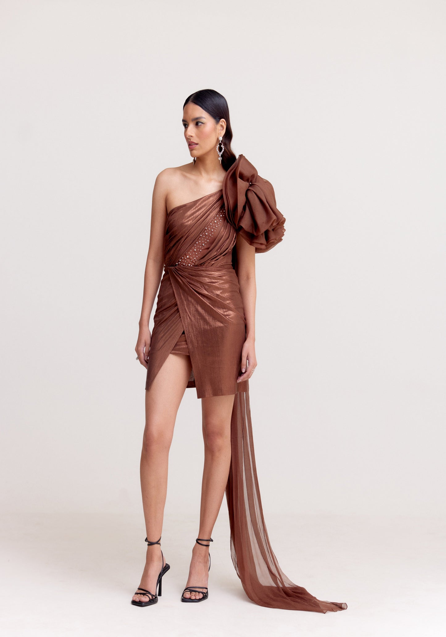 Metallic Brown Draped Short Dress with Organza Shoulder Ruffle