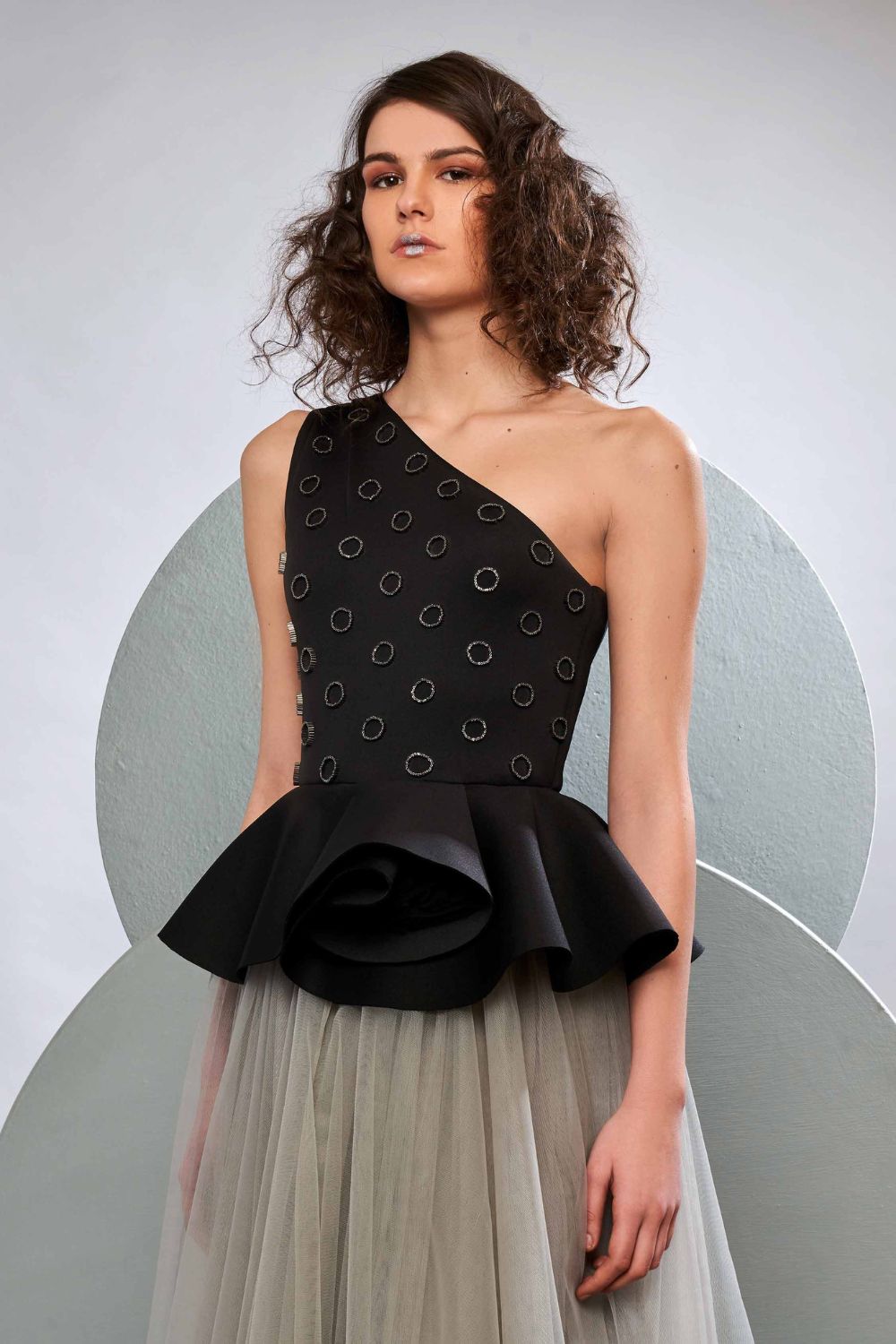 One Shoulder Peplum Gown With Tulle Skirt