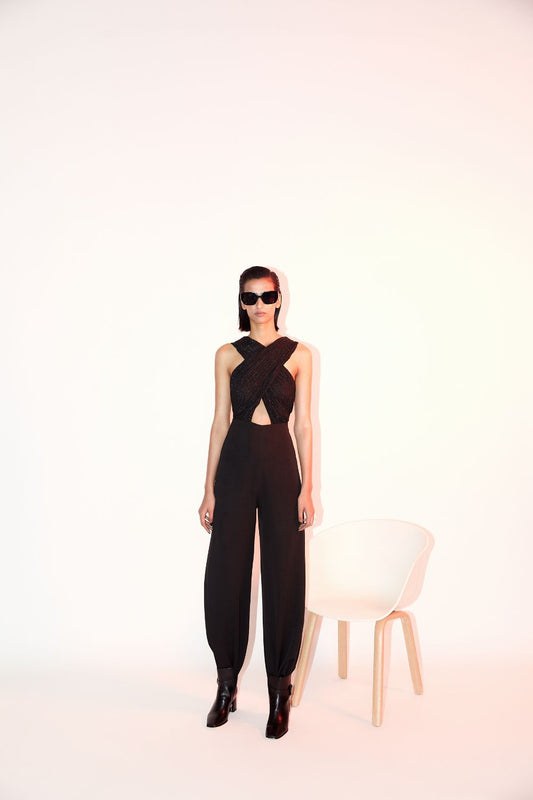 Rouched Criss Cross Embroidered Bodice Jumpsuit