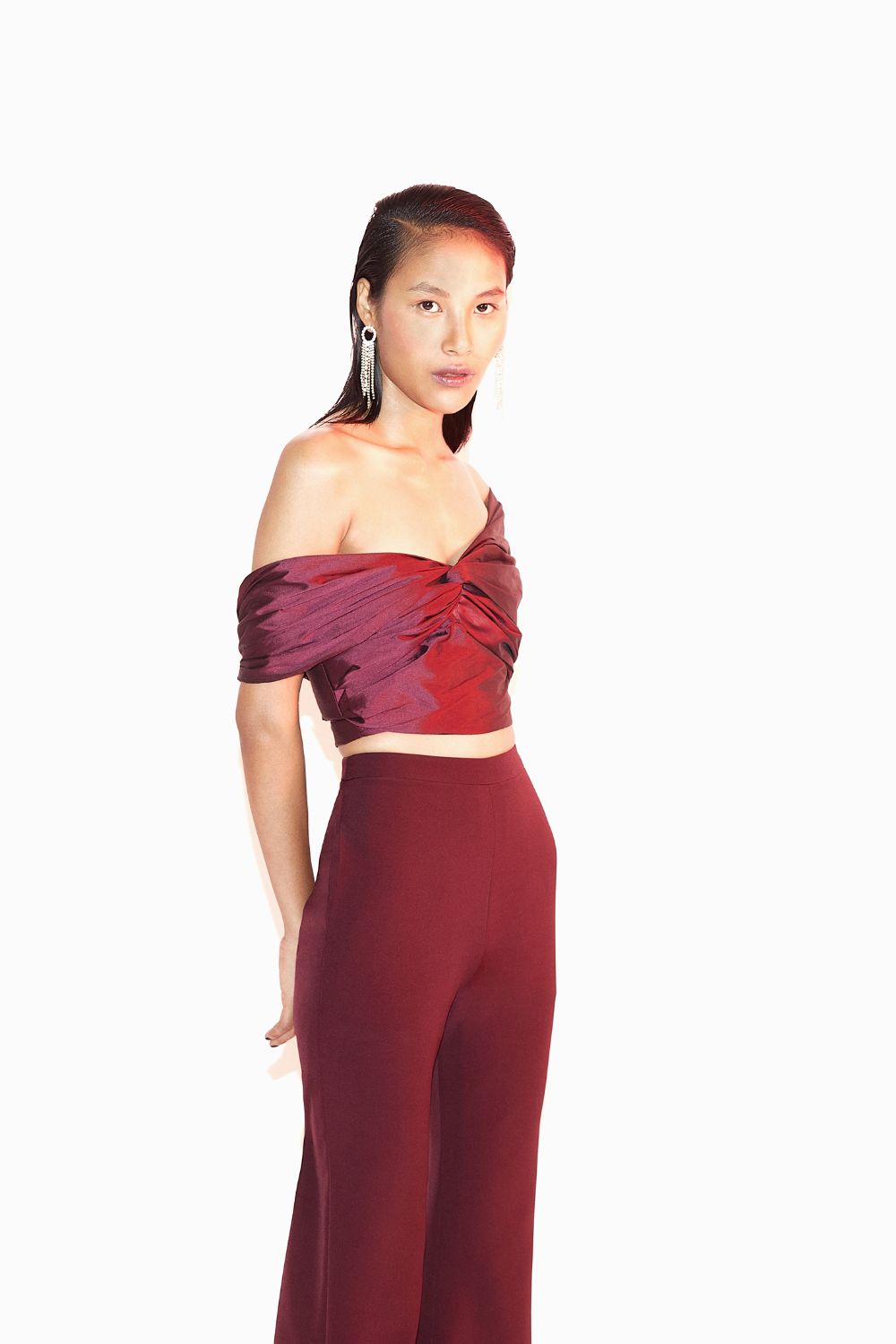 Off Shoulder Crop Top With Flared Pants