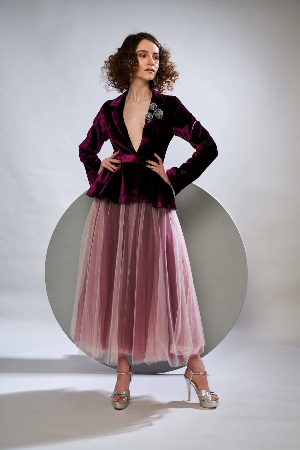Plush Velvet Peplum Jacket With Two Tone Layered Tulle Skirt