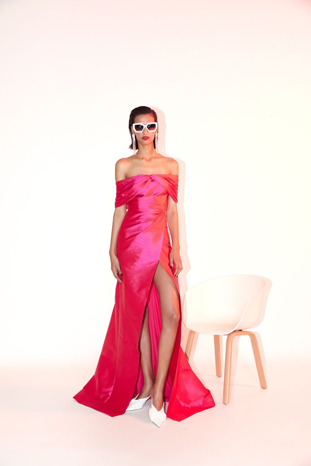 Cross Drape Off Shoulder Taffeta Silk Demi Gown