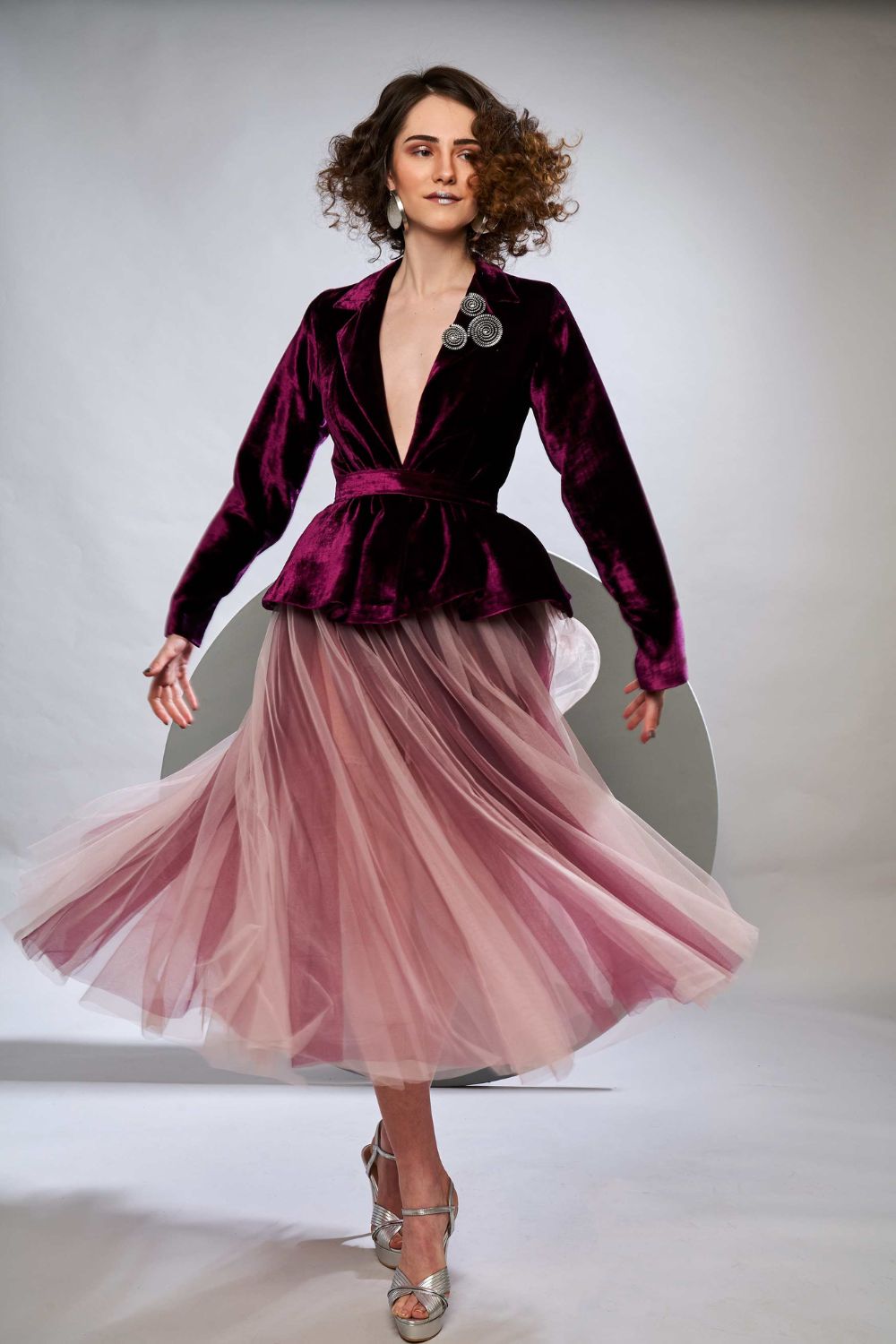 Plush Velvet Peplum Jacket With Two Tone Layered Tulle Skirt