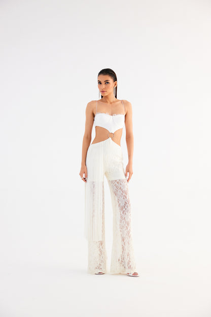 Egg Shell White Cut-Out Dress with Back Tie – Mini Fitted Style