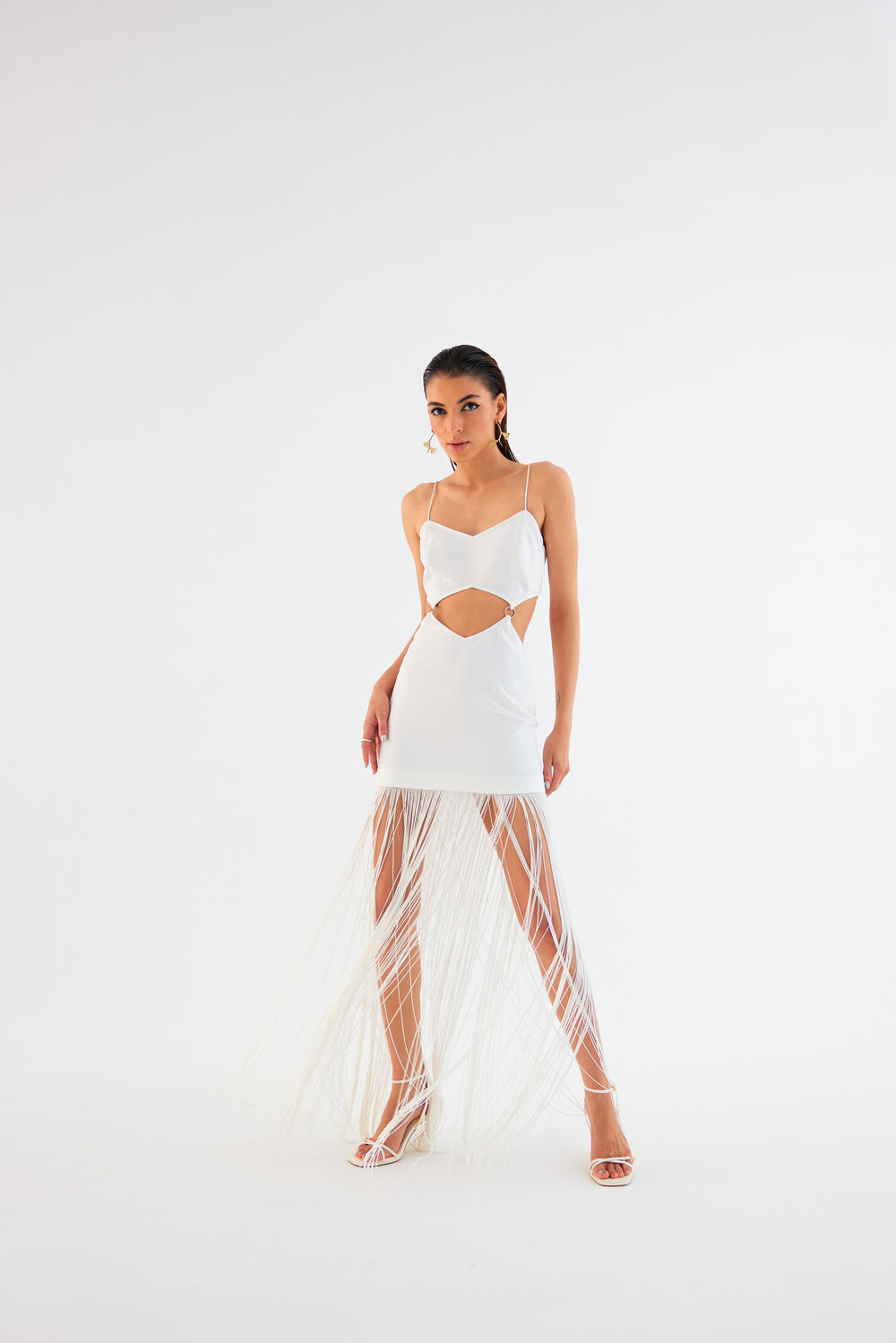 Egg Shell White Fringe Mini Dress – Spaghetti Strap with Waist Cut-Out