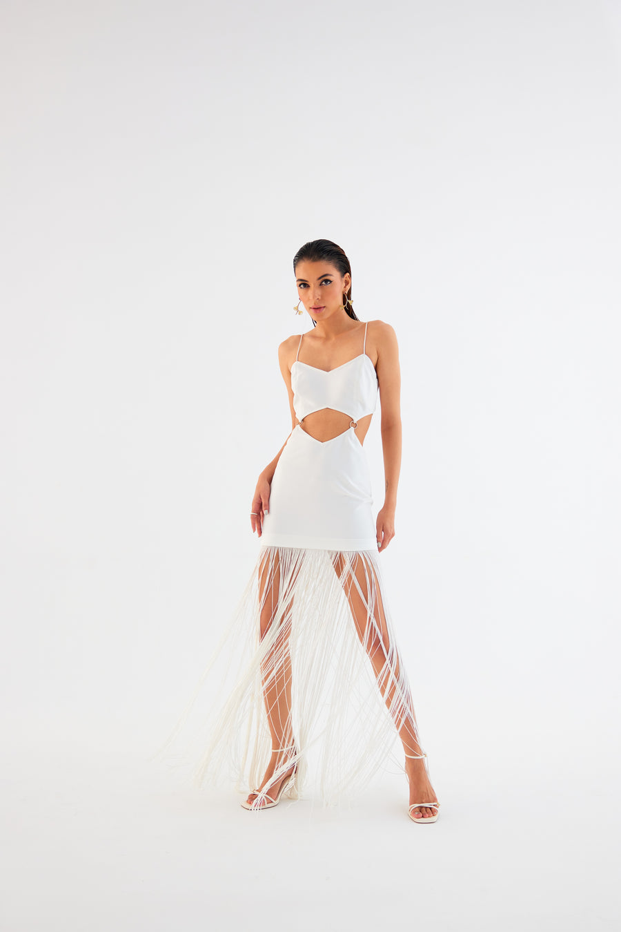 Egg Shell White Fringe Mini Dress – Spaghetti Strap with Waist Cut-Out