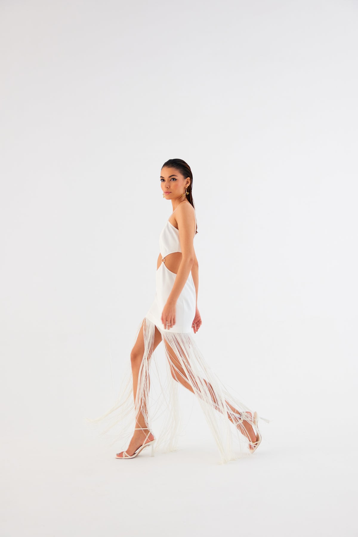Egg Shell White Fringe Mini Dress – Spaghetti Strap with Waist Cut-Out