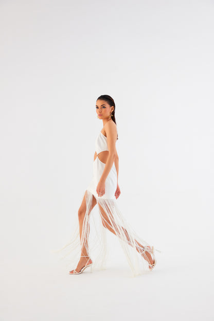 Egg Shell White Fringe Mini Dress – Spaghetti Strap with Waist Cut-Out