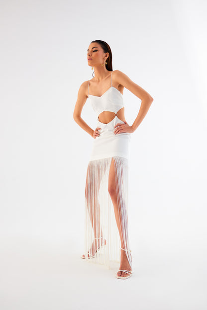 Egg Shell White Fringe Mini Dress – Spaghetti Strap with Waist Cut-Out