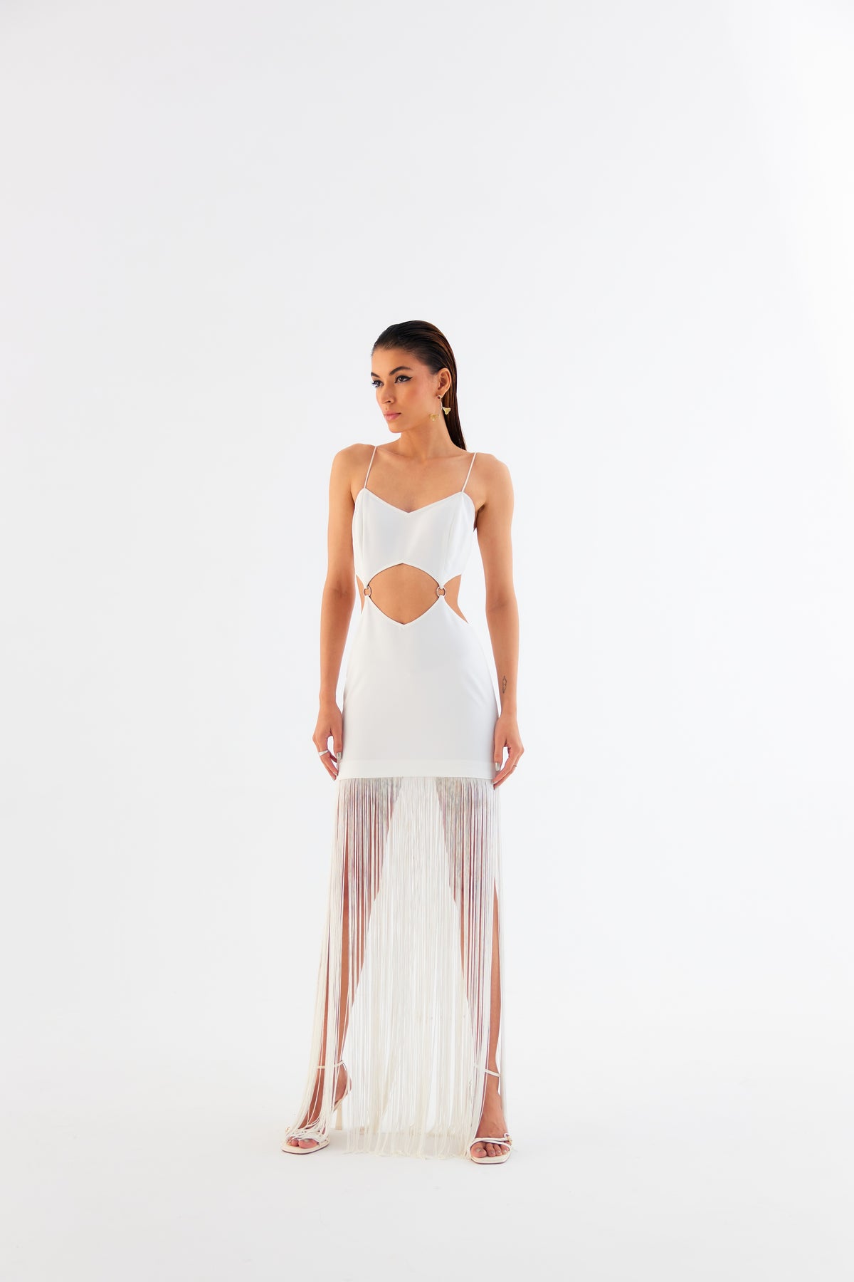 Egg Shell White Fringe Mini Dress – Spaghetti Strap with Waist Cut-Out
