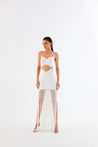 Egg Shell White Fringe Mini Dress – Spaghetti Strap with Waist Cut-Out