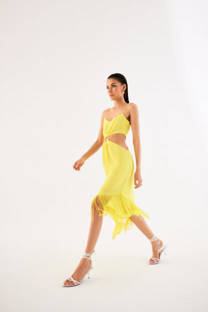 Canary Yellow Asymmetric Dress – Waist Cut-Out with Ring