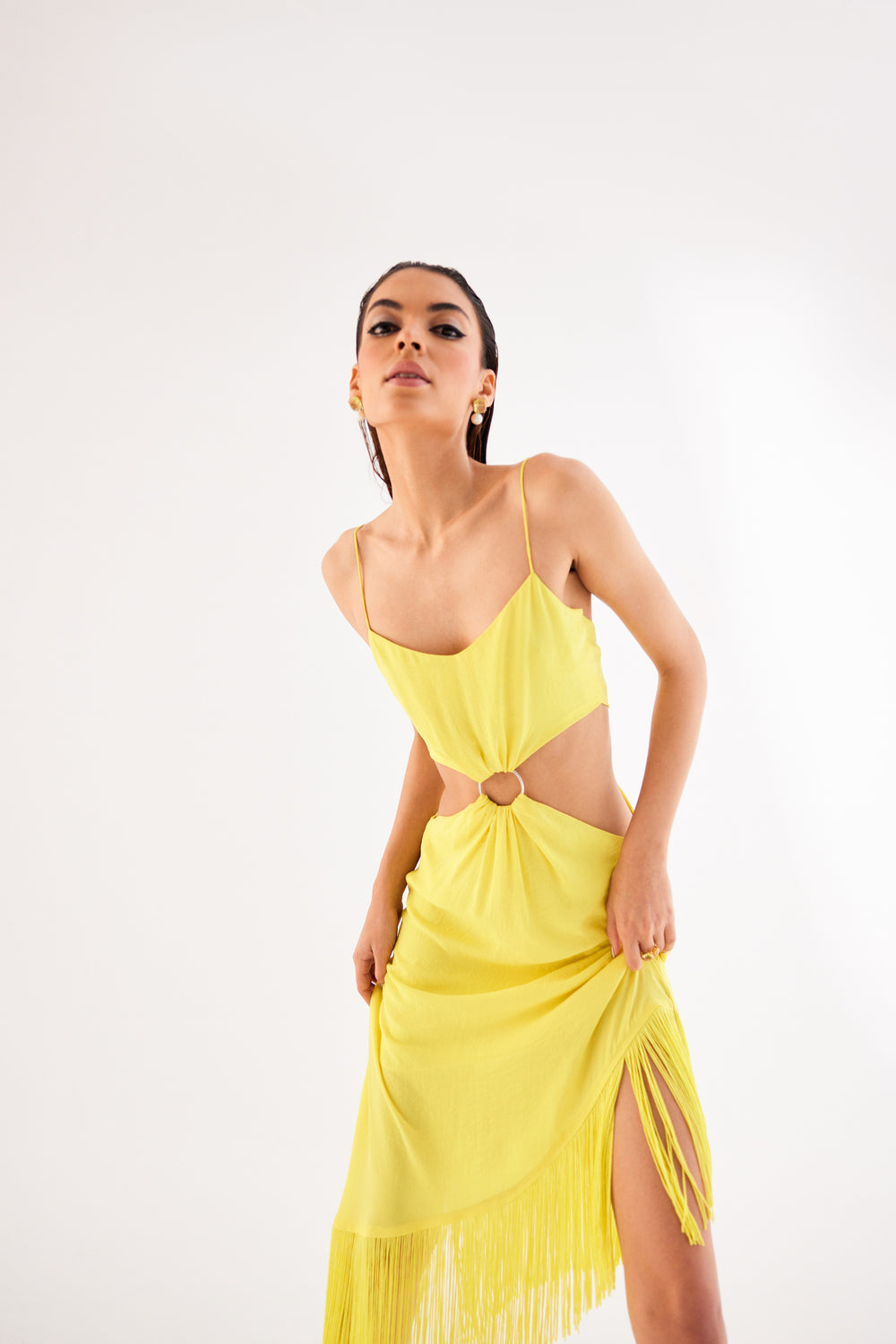 Canary Yellow Asymmetric Dress – Waist Cut-Out with Ring