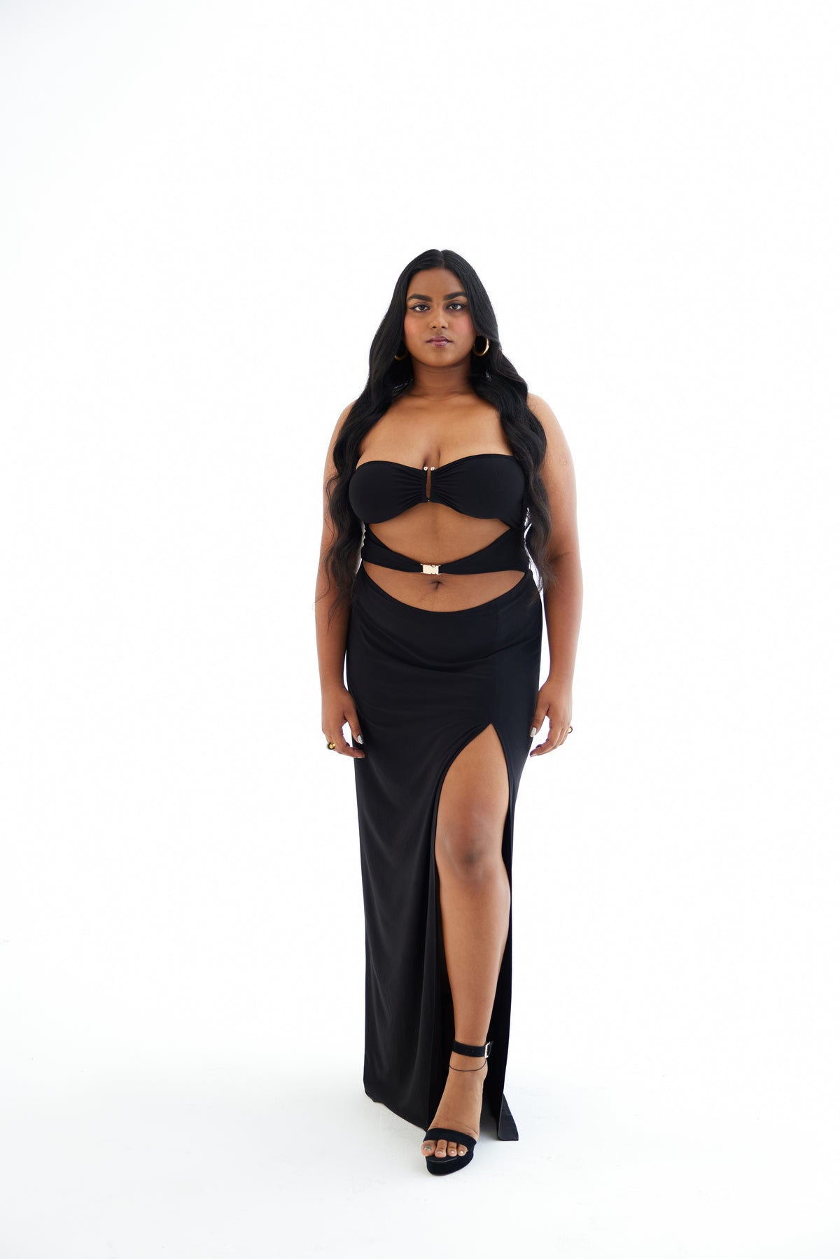 Black Cut-Out High Slit Dress with Buckle Detail