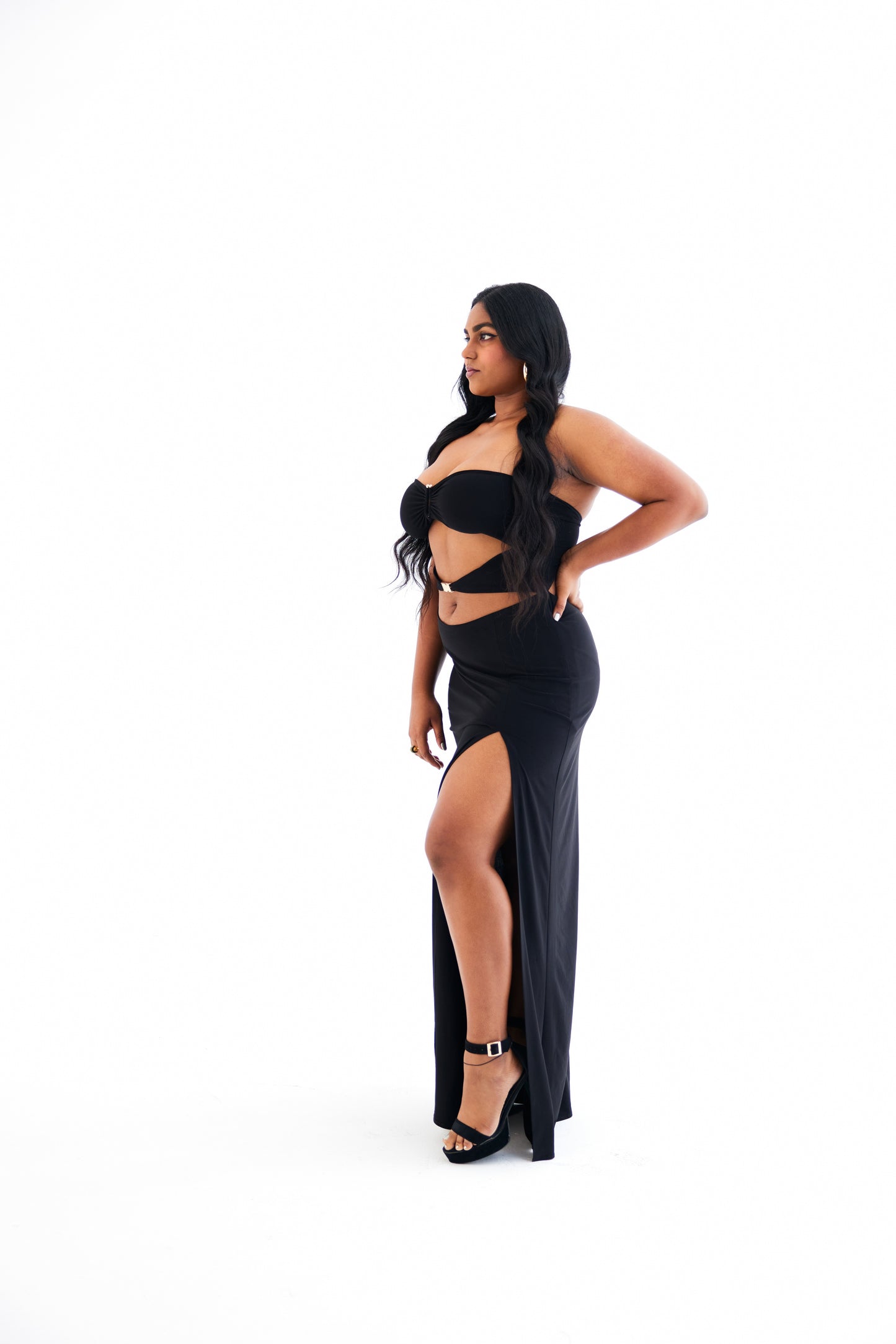 Black Cut-Out High Slit Dress with Buckle Detail