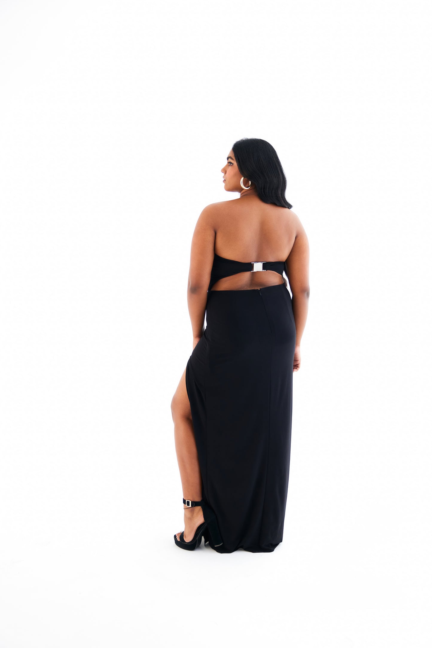 Black Cut-Out High Slit Dress with Buckle Detail