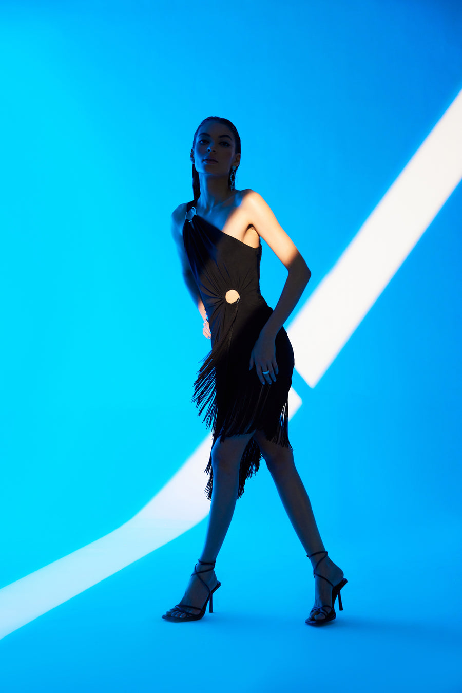 Black One-Shoulder Asymmetric Dress with Waist Cut-Out