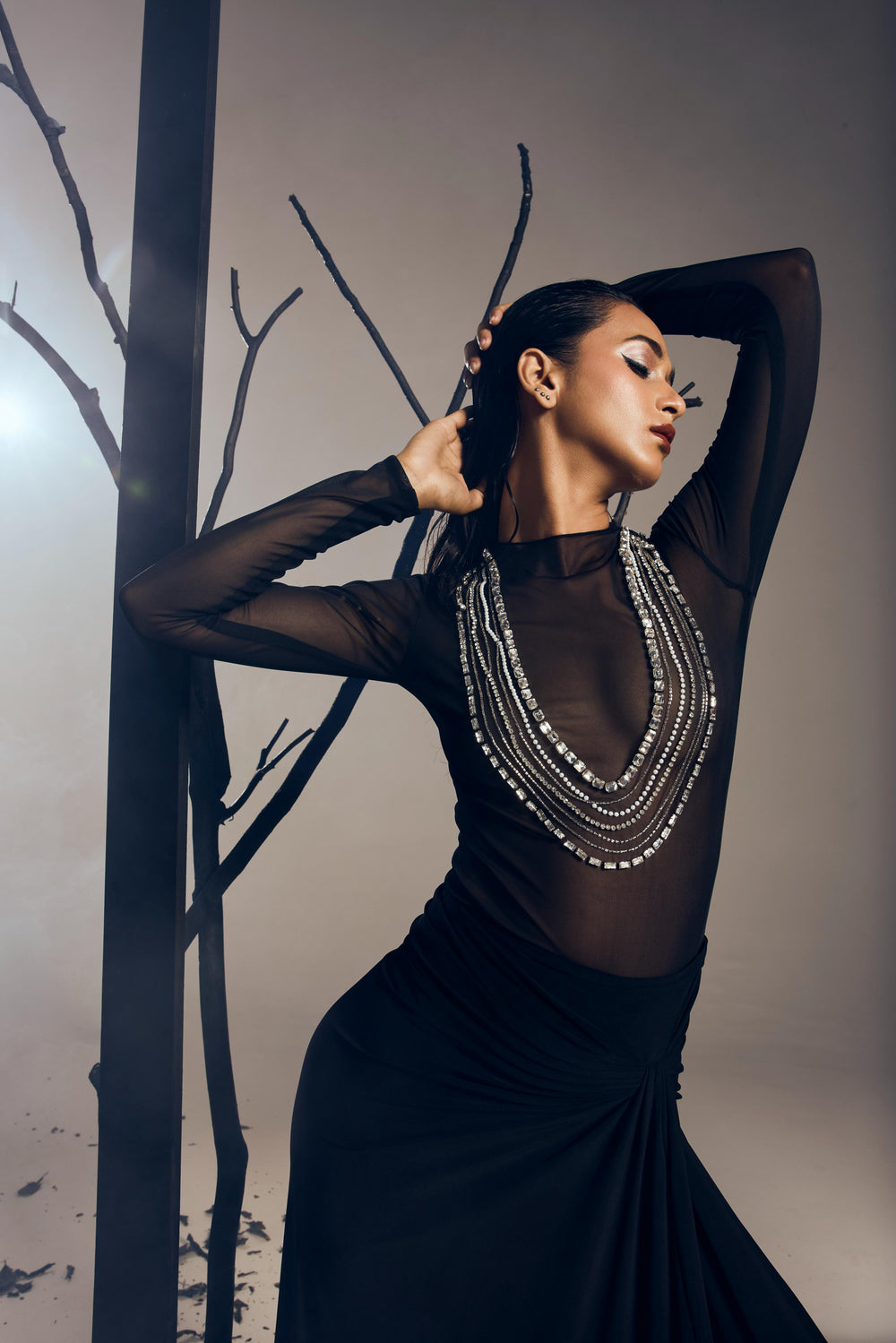 BODYSUIT WITH A LONG DRAPE SKIRT