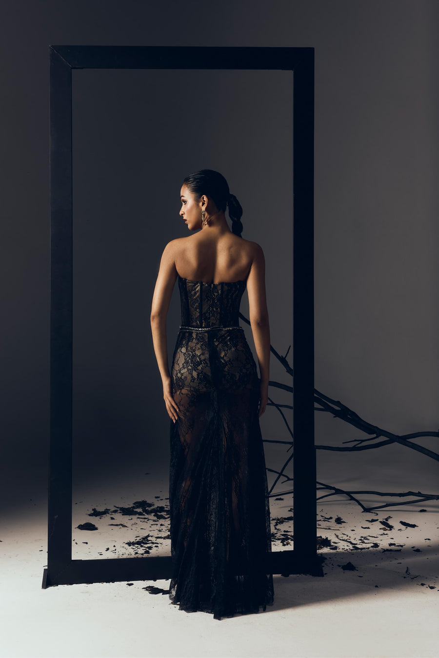 BLACK LACE BUSTIER GOWN