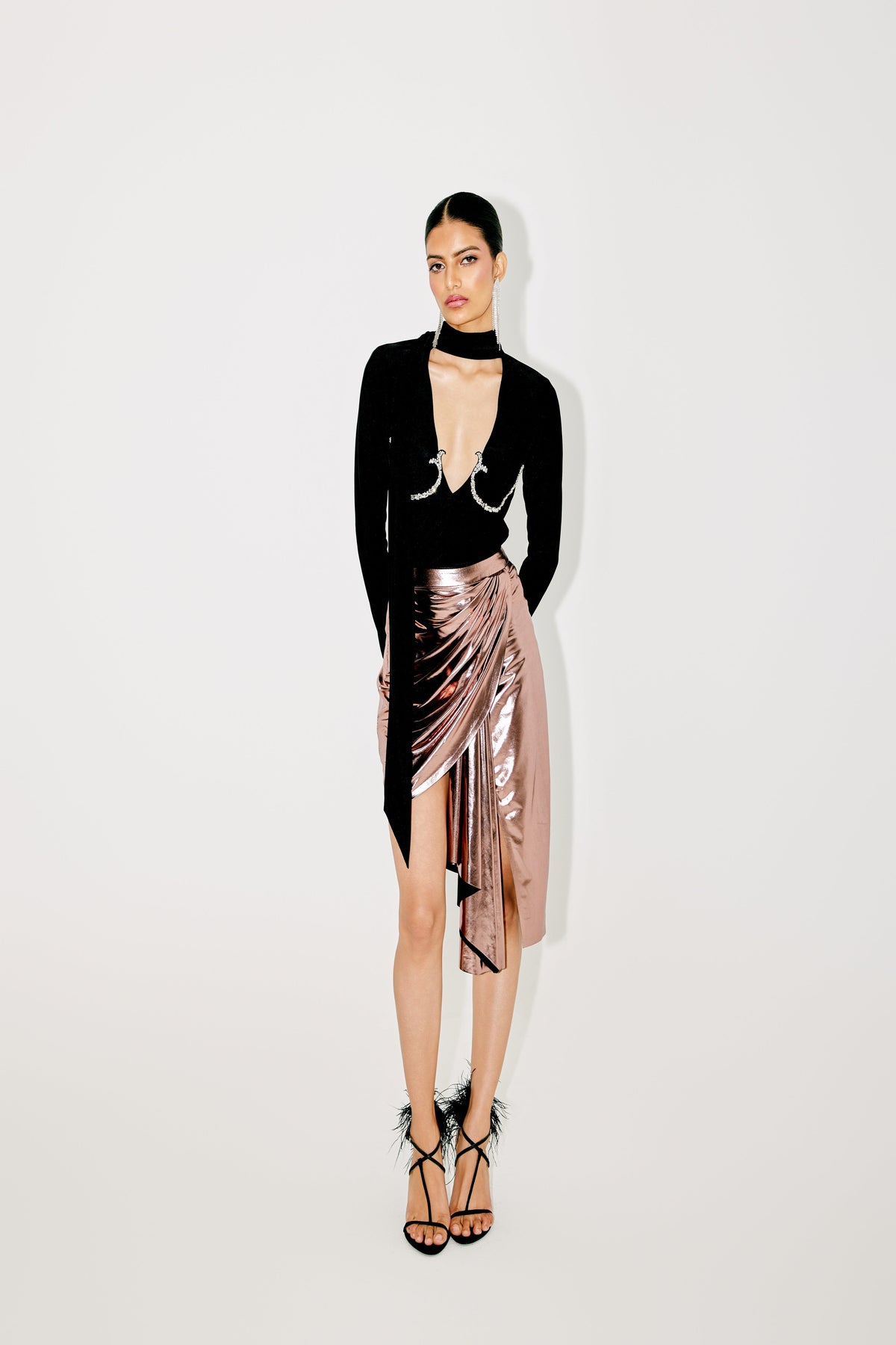 PLUNGE NECK TOP WITH DRAPED SKIRT