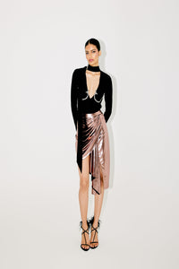 PLUNGE NECK TOP WITH DRAPED SKIRT