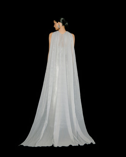 White Gold Draped Gown with High Slit and Crinkled Organza Cape