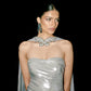 White Gold Draped Gown with High Slit and Crinkled Organza Cape
