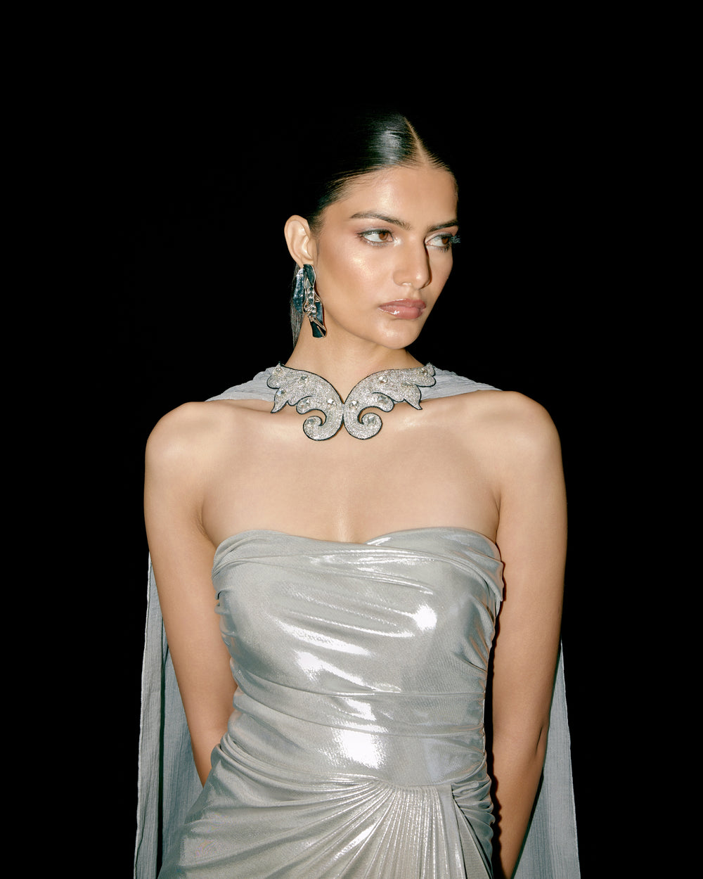 White Gold Draped Gown with High Slit and Crinkled Organza Cape