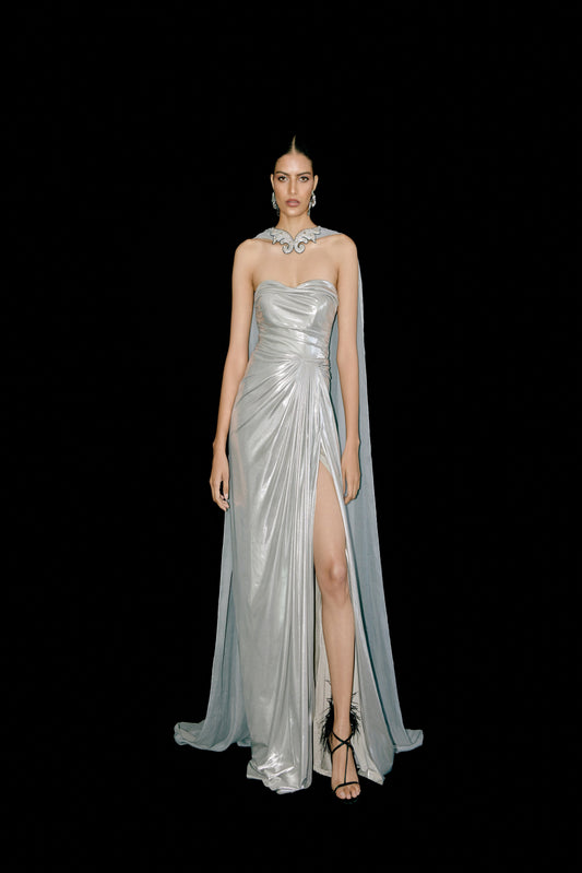 White Gold Draped Gown with High Slit and Crinkled Organza Cape