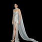 White Gold Draped Gown with High Slit and Crinkled Organza Cape