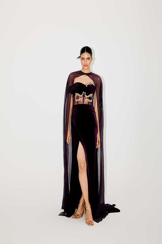 CORSET GOWM WITH SEQUENCED CAPE