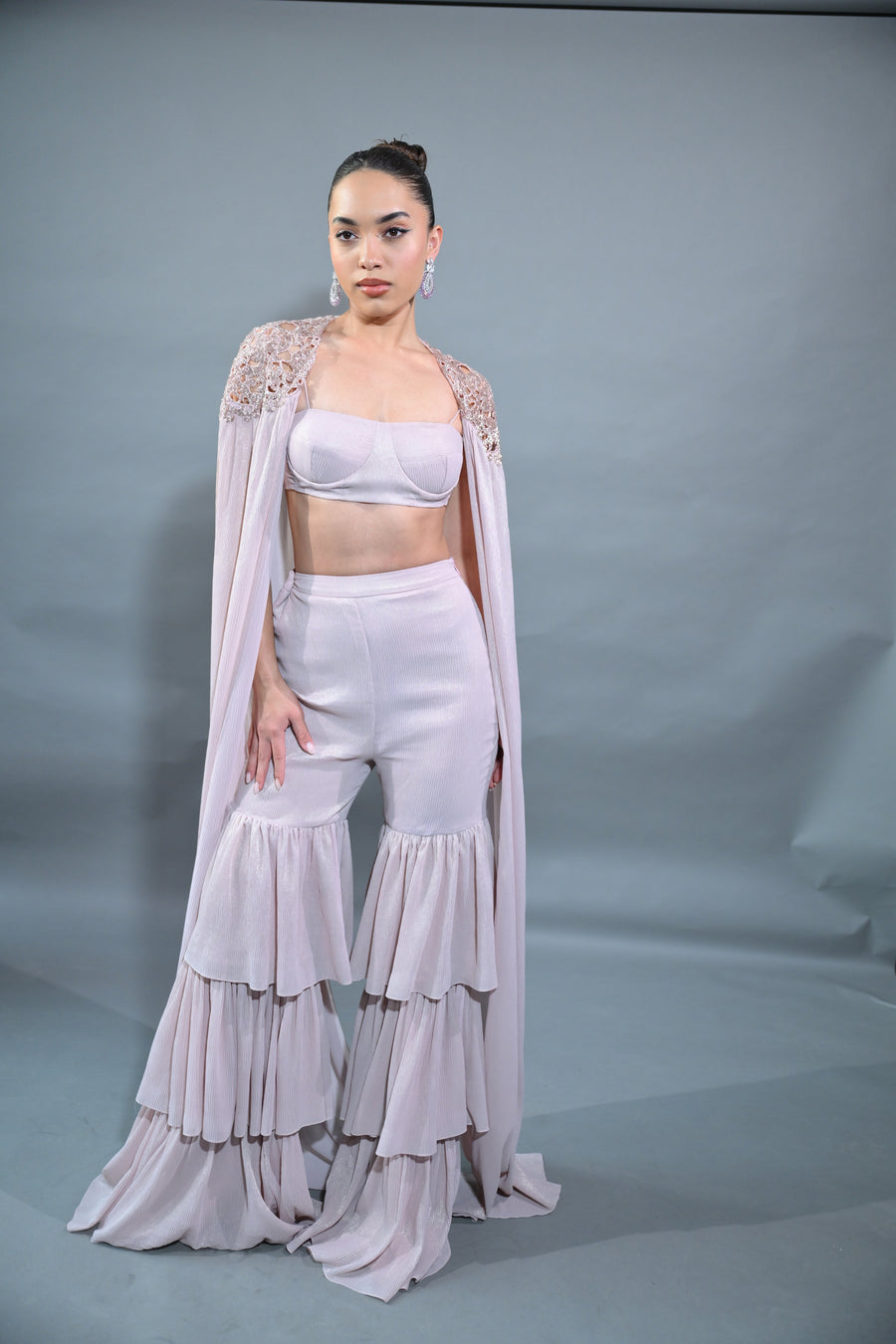 BLOUSE WITH CAPE SLEEVES  AND TIERED PANTS