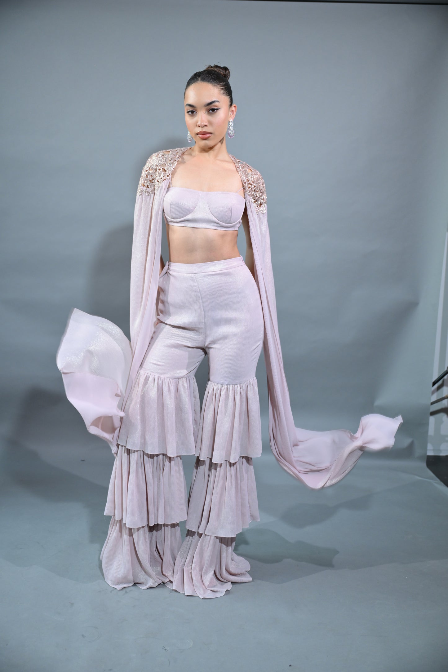 BLOUSE WITH CAPE SLEEVES  AND TIERED PANTS