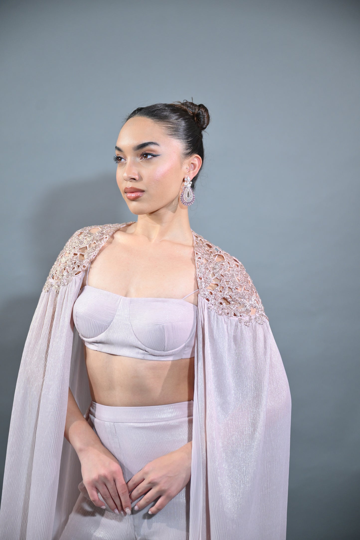 BLOUSE WITH CAPE SLEEVES  AND TIERED PANTS