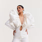 Eggshell White Pant Suit with Plunge Neck and Draped