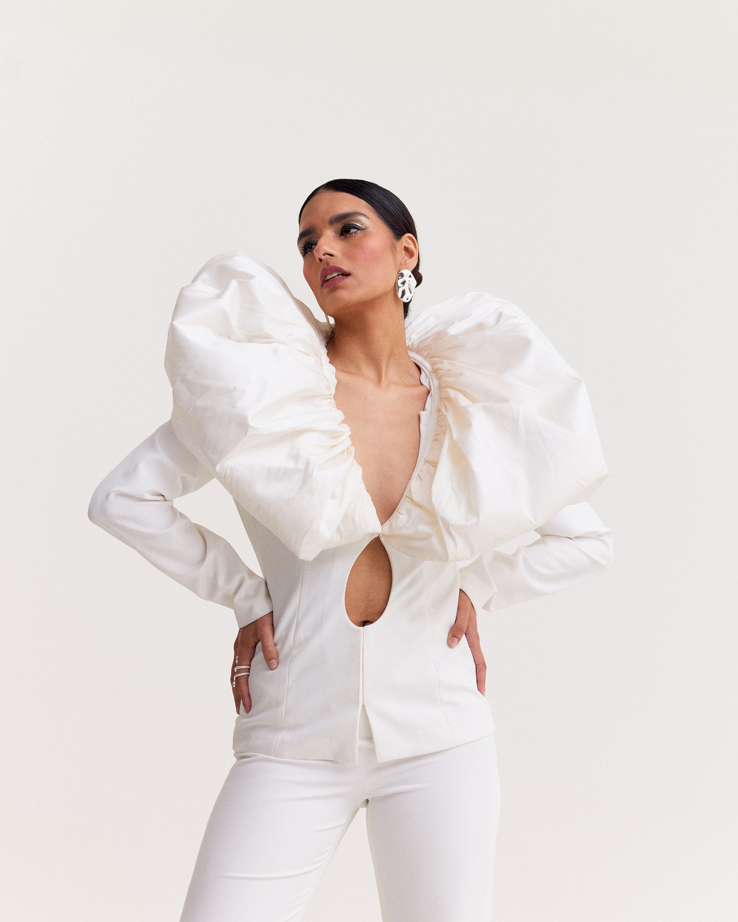 Eggshell White Pant Suit with Plunge Neck and Draped