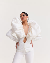 Eggshell White Pant Suit with Plunge Neck and Draped